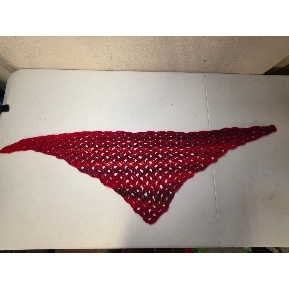 Handmade Crochet Triangle Scarf Red Tonal Variegated Open Knit Boho Shawl 46in